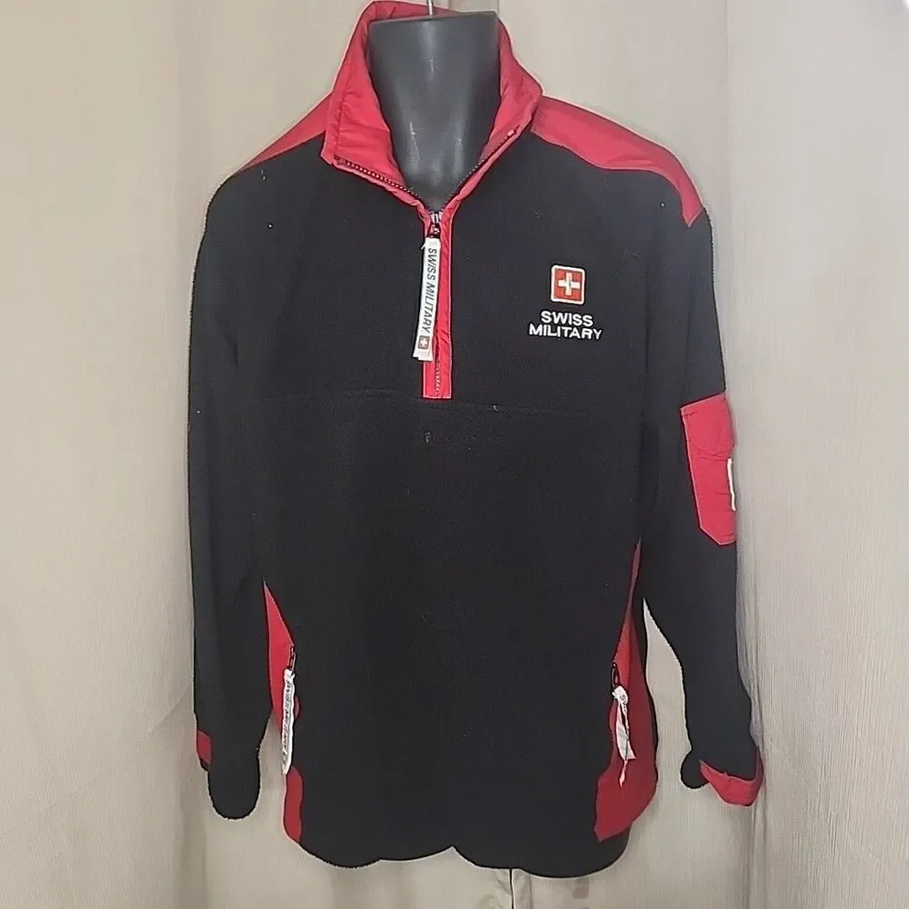 SWISS MILITARY Mens 1/3 Zip Pullover Size Med Black Insulated Fleece No Cord